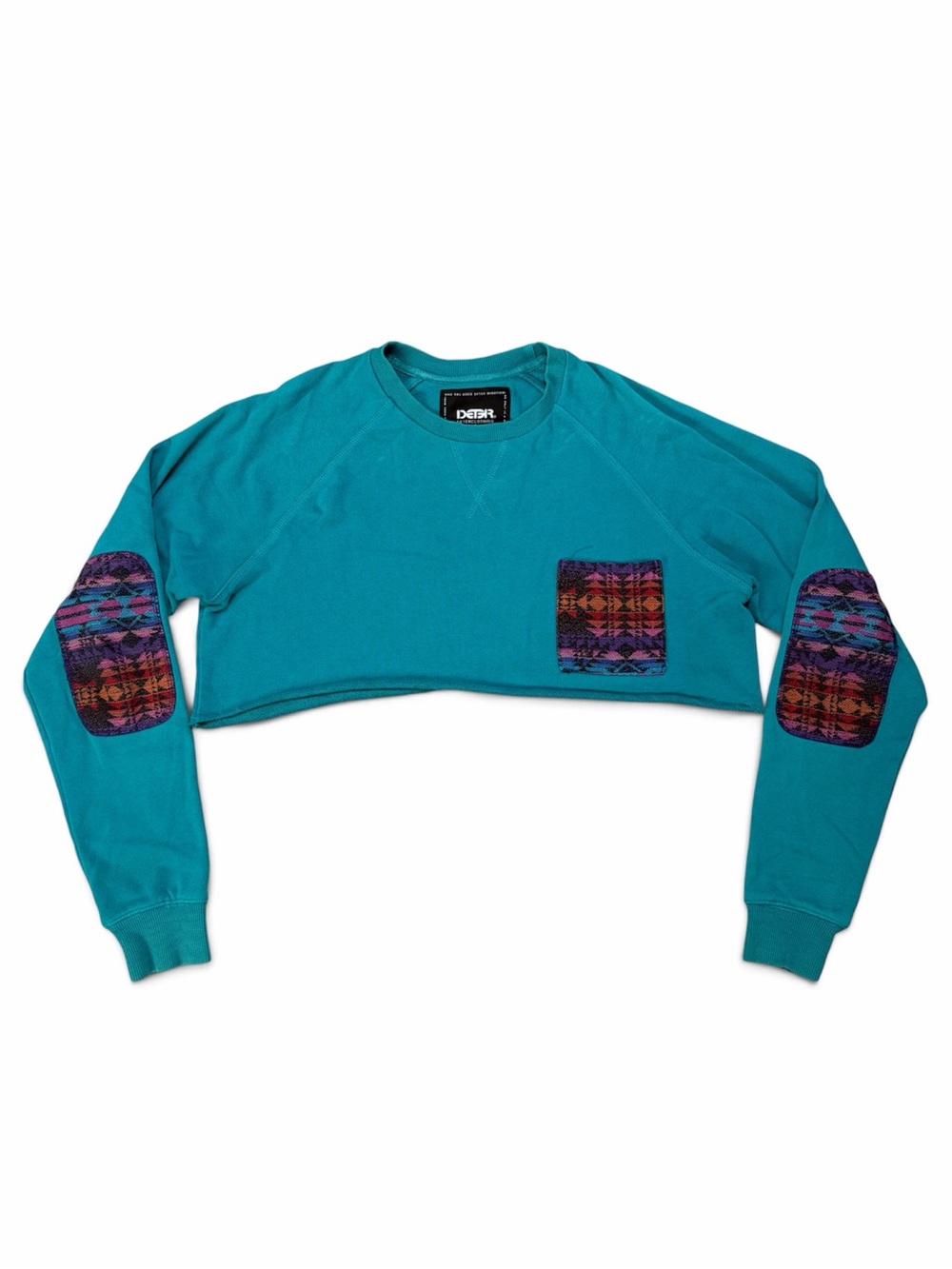 DETER Clothing Teal Cropped Sweatshirt Geometric Elbow Patches Pocket Size M